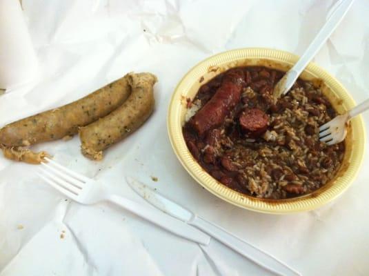 Spicey Boudin on left, rice and beans with sausage.