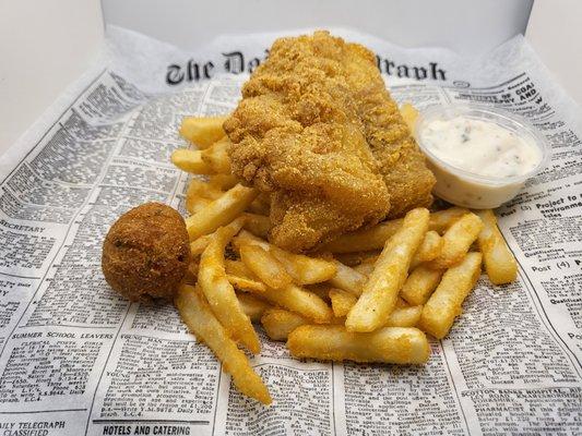 (Daily Special) 1 piece cod fish & chips, and a hush puppy!