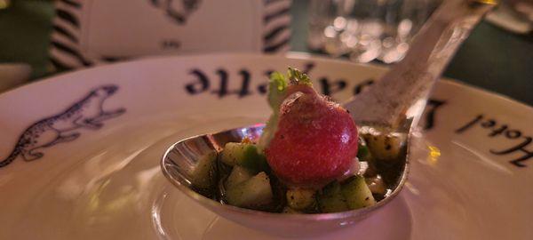 Our starter, radish salad, which was great!  (Don't worry about the size, it truly was a starter, and the other courses were filling)