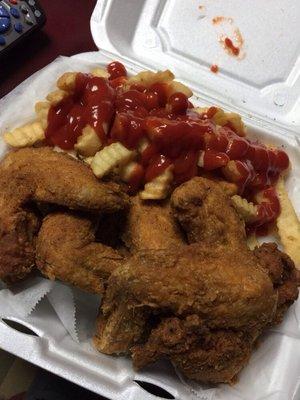 5 pc. Whole wings with fries and fountain drink for $9.99! MUMBO on side.