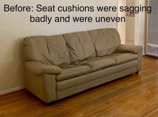 Leather couch with saggy cushions