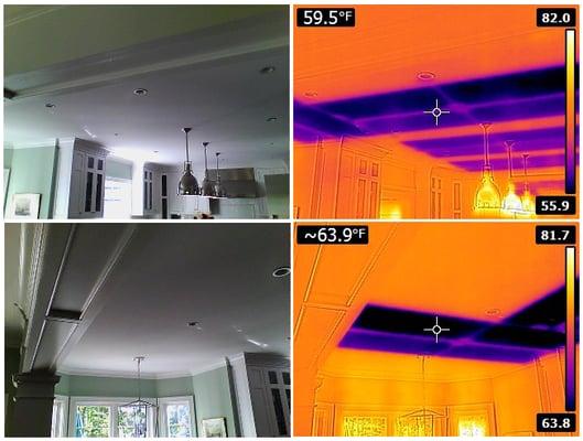 Picture taken of ceiling panels in cooling mode with thermographic camera.