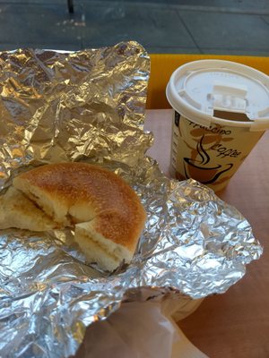 Nice cheap breakfast before catching the train. Bagel with butter and small coffee.