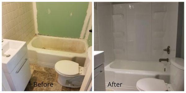 Refinished tub, new green board, new tub surround, new vanity, and new flooring