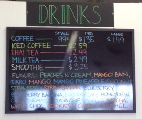 Drinks, including Coffee, Thai Tee, Fruit smoothies and more.