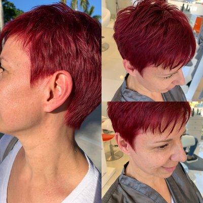 Vibrant Red color with pixie haircut