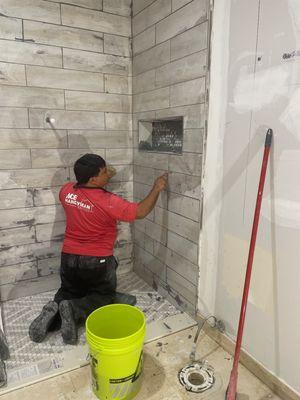 Bathroom shower tile installation. Beautiful!