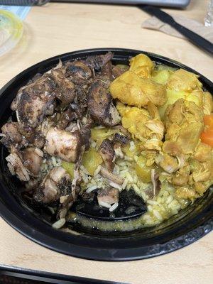 Jerk and curry chicken combo (pic looks little dry but that's my fault for leaving it open for too long)