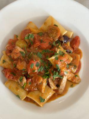 Paccheri with fresh Ahi tuna, Gaeta olives and cherry tomatoes