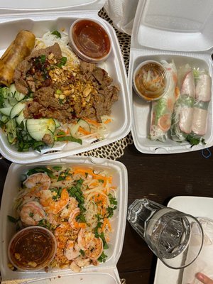 Spring rolls, papaya salad and rice vermicelli noodles with lemongrass beef