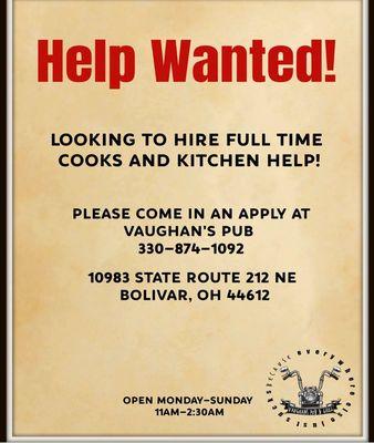 Experienced and flexible cooks needed! Feel free to stop in and fill out an application or find us on Facebook and message us!