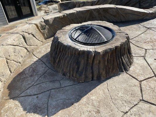 Concrete firepit and fireplace flagstone and retaining wall