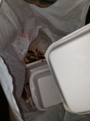 Sauce filled to-go bag. Made a bit of a mess.