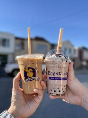 Milk tea, rocky road frappe with boba