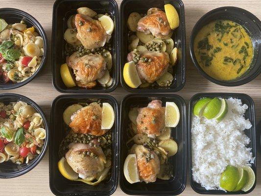 Meal Prep: Crab and Corn Orecchiette Salad, Chicken Thighs with scallions and potatoes, Spiced Chickpea and Coconut Stew with white rice