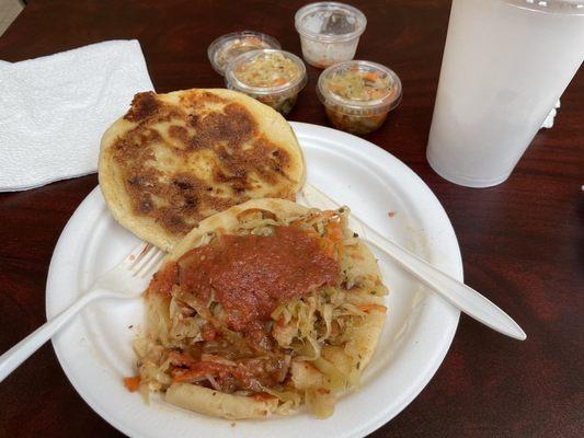 Three pupusa special with drink.