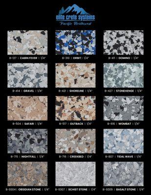 Sample board of the many colors we provide, custom colors available too.