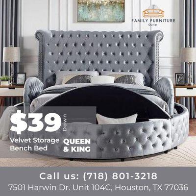 $39 ONLY (down) velvet storage bench bed available in QUEEN & KING size.
Call us: (718) 801-3218