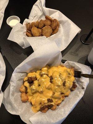 Fried pickles (top) and chili cheese tots! YUM!