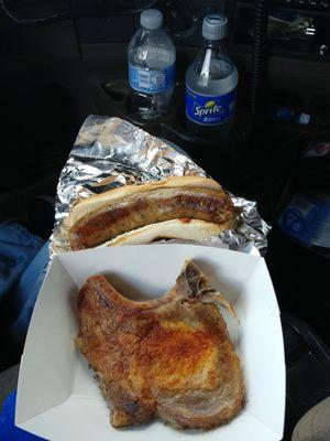 smoked poke chop and a boudin sausage link. washed down with a ice-cold Sprite Zero