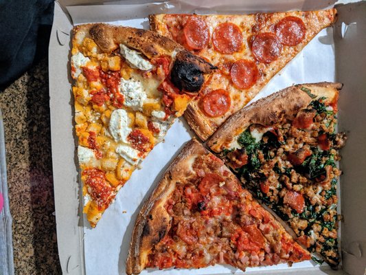 Slice City (Clockwise): Chicken Parm, Pepperoni, Spinach Pepperoni Sausage, All Meat