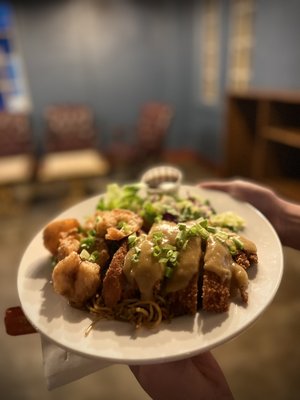 Mixed plate with Curry Chicken Katsu and Garlic Shrimp.