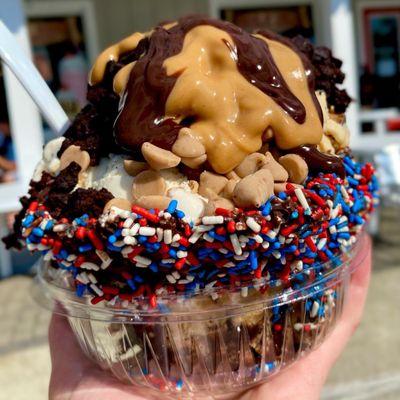 Memorial Day waffle bowl w/ small (Pb pie & sea salt caramel nut), topped with brownie bits, sea salt caramel chips, Pb, and hot fudge $13