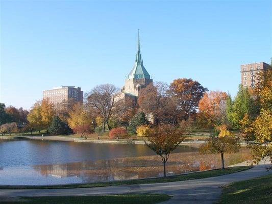 University Circle United Methodist Church and it's Holy Oil Can as seen from across the University Circle lagoon.