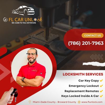 Call Us (786)201-7963

- Key car replacement
- Transponder keys
- Key programming
- Duplicate spare car keys
- Car lockouts services