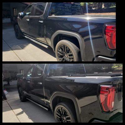 A full wash and spot-free dry, with a hand wax. This photo also shows the rim/crome clean up, tire brightening, and plastics revival.