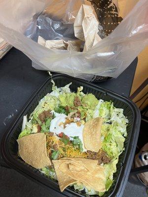 Taco Salad with 6 countable chips and no forks