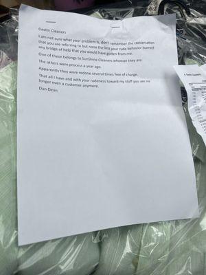 Destin Cleaners letter from owner, Dan Dean, refusing to fix/replace 6 custom tailored shirts/slacks he damaged during cleaning.