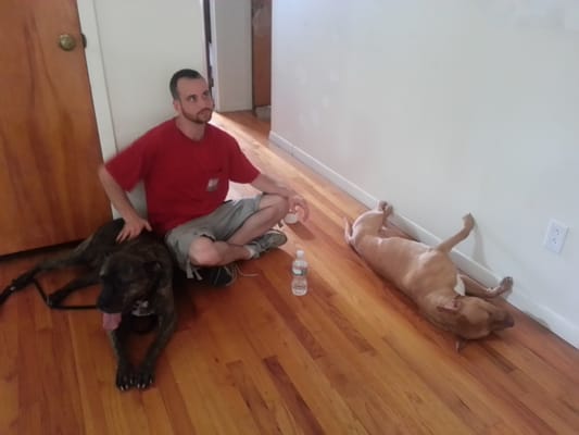 Ted and dog-trainer Delilah (left) teach our dog Juliet how to relax. Before this she could not be NEAR another dog.