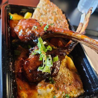 Lamb chops (with bourbon glaze), mac n cheese and stir fry veggies