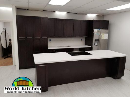 Modern Ebony Kitchen Design w/ White Granite Countertops