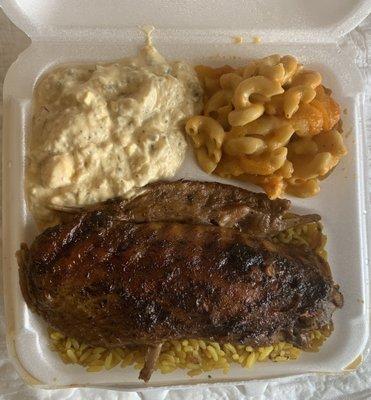 Small Turkey Wing meal with Mac and cheese and Potato Salad.