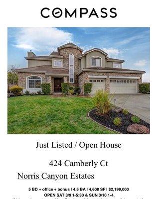 Just listed  - Norris Canyon Estate, San Ramon, Ca.  Great neighborhood & Schools!  For private showing, call/text (510)882-6496