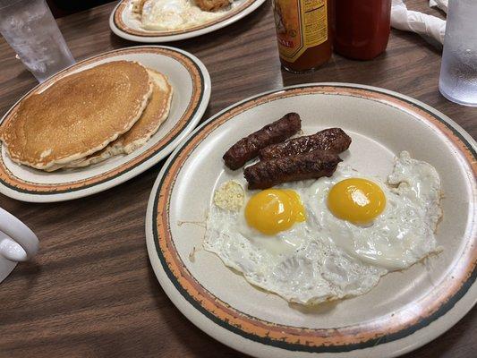 2 egg 2 sausage and 2 pancakes