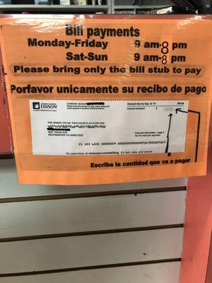 bill payments hours 9am-8pm 7days a week