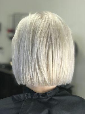 Blunt bob and all over platinum blonde