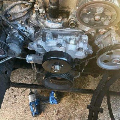 Service:
2002 Dodge Ram 1500 5.9L:
Timing chain replacement

Timing cover gasket replacement

Water pump gasket