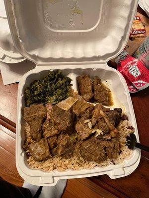 Curry goat with greens and rice