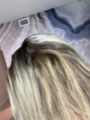 you can see the white, yellow and brassy highlights and most of the hair in the bottom layer was fried from the chemicals