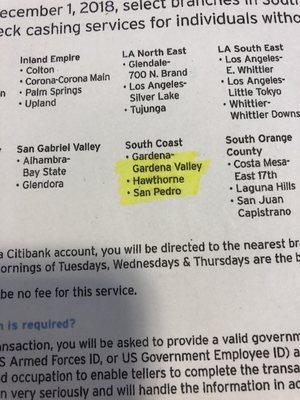 South Bay Citibank locations that will cash checks.