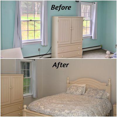 A before and after of a bedroom.