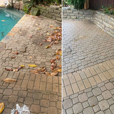 Brick paver pool deck cleaning.