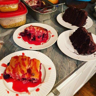 Decadent chocolate cake, and mixed berry cobbler for dessert!