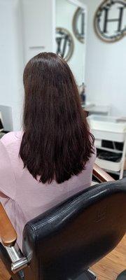 'BEFORE' Becky with her full grown out hair
Before her haircut
 Dark brown haircolor &
 Peek a boo Highlights in Violet Red