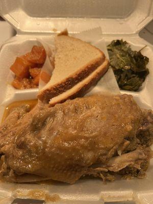 Thursday's Turkey & Dressing With Collard Greens and Candied Yams with With White Bread.