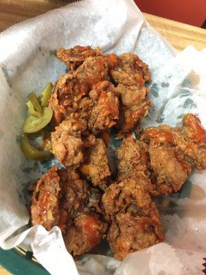 Crispy fried chicken livers (we covered ours in hot sauce lol) and peach milkshake - delicious!